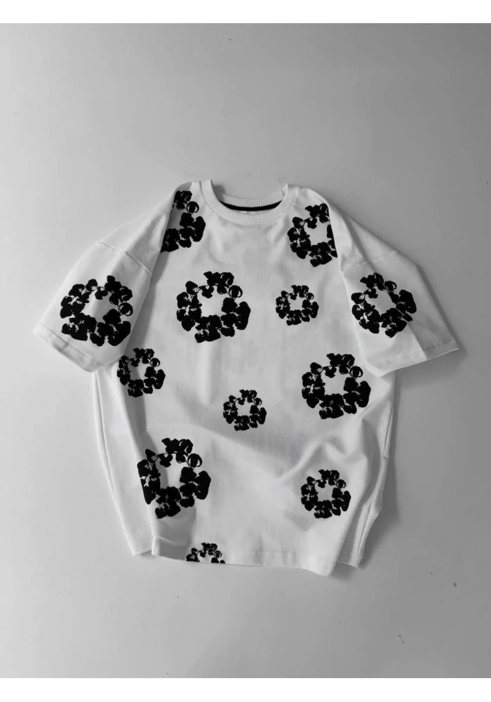 Erkek Tişört Ön ve Arka Baskılı Oversize Bisiklet Yaka T-shirt- Beyaz