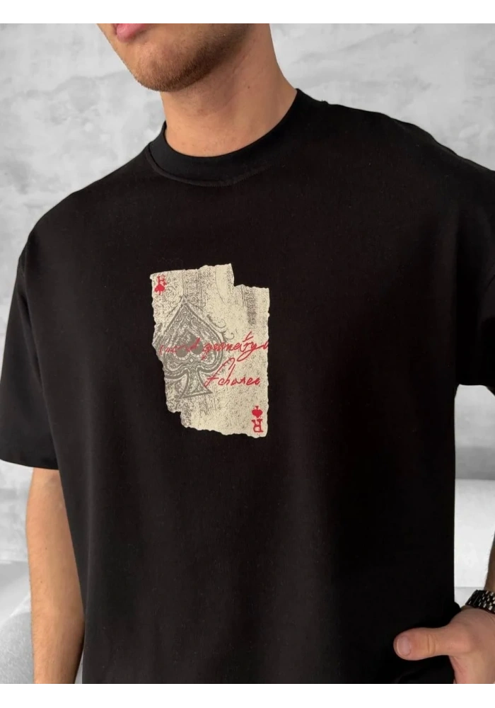 ERKEK Tişört Kısa Kol Ön ve Arka Baskılı Oversize Bisiklet Yaka T-shirt - Siyah