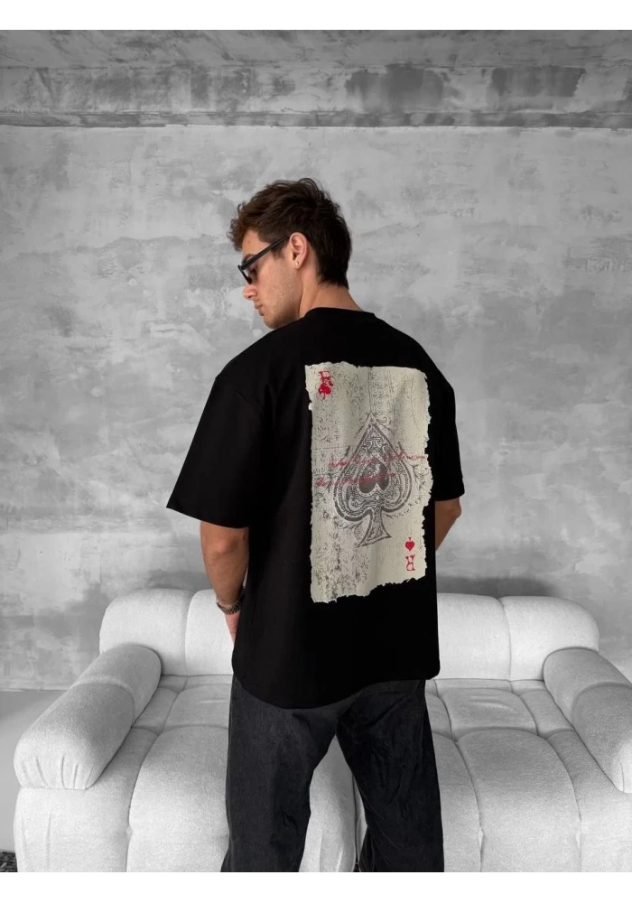 ERKEK Tişört Kısa Kol Ön ve Arka Baskılı Oversize Bisiklet Yaka T-shirt - Siyah