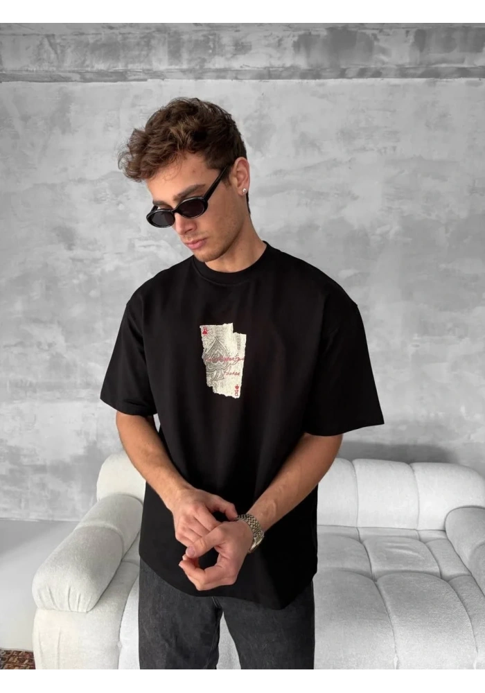 ERKEK Tişört Kısa Kol Ön ve Arka Baskılı Oversize Bisiklet Yaka T-shirt - Siyah