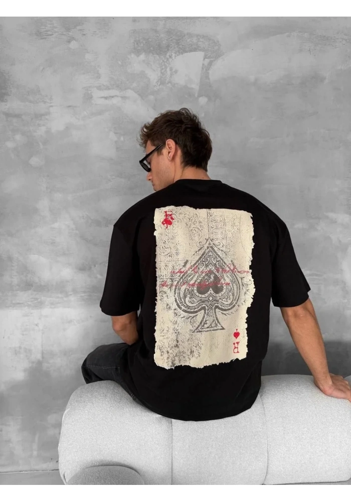 ERKEK Tişört Kısa Kol Ön ve Arka Baskılı Oversize Bisiklet Yaka T-shirt - Siyah