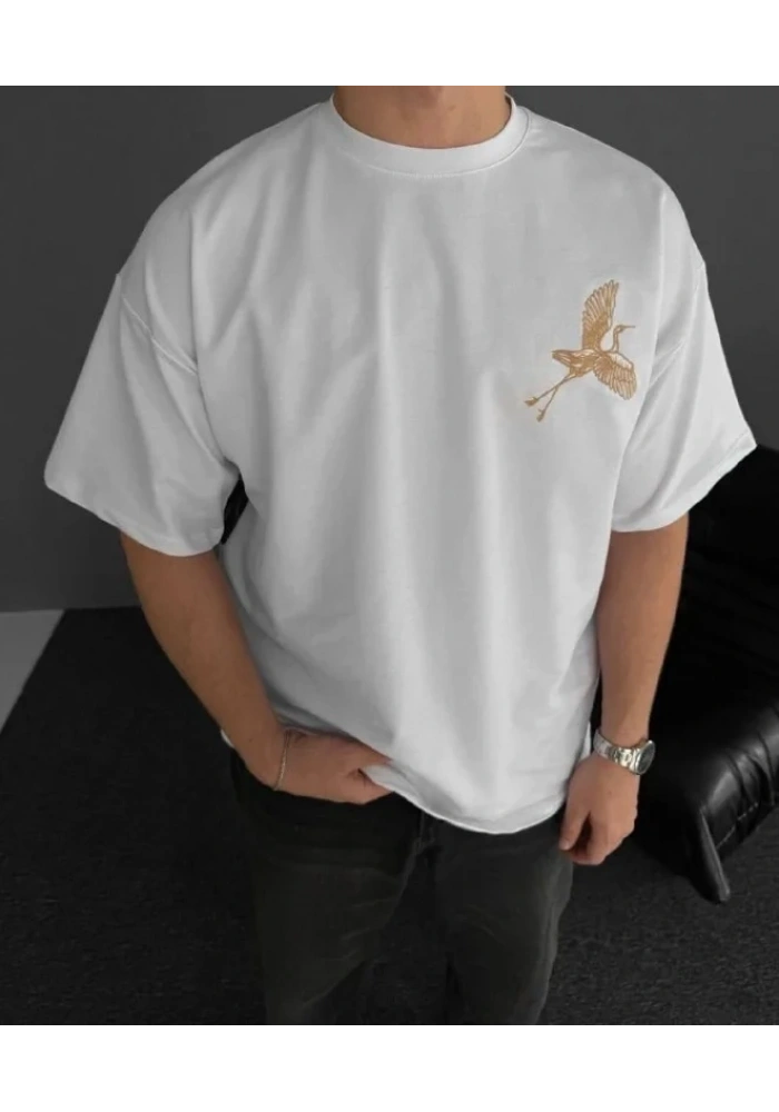 Erkek T-Shirt Ön ve Arka Baskılı Oversize Bisiklet Yaka tişort - Beyaz