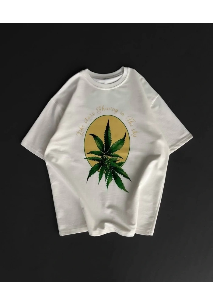 Erkek Kısa Kol Yazlık Tişört Bisiklet Yaka Baskılı Oversize T-Shirt - Beyaz