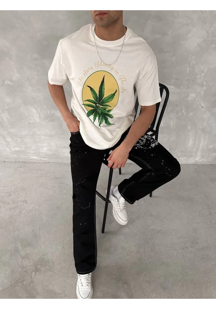 Erkek Kısa Kol Yazlık Tişört Bisiklet Yaka Baskılı Oversize T-Shirt - Beyaz