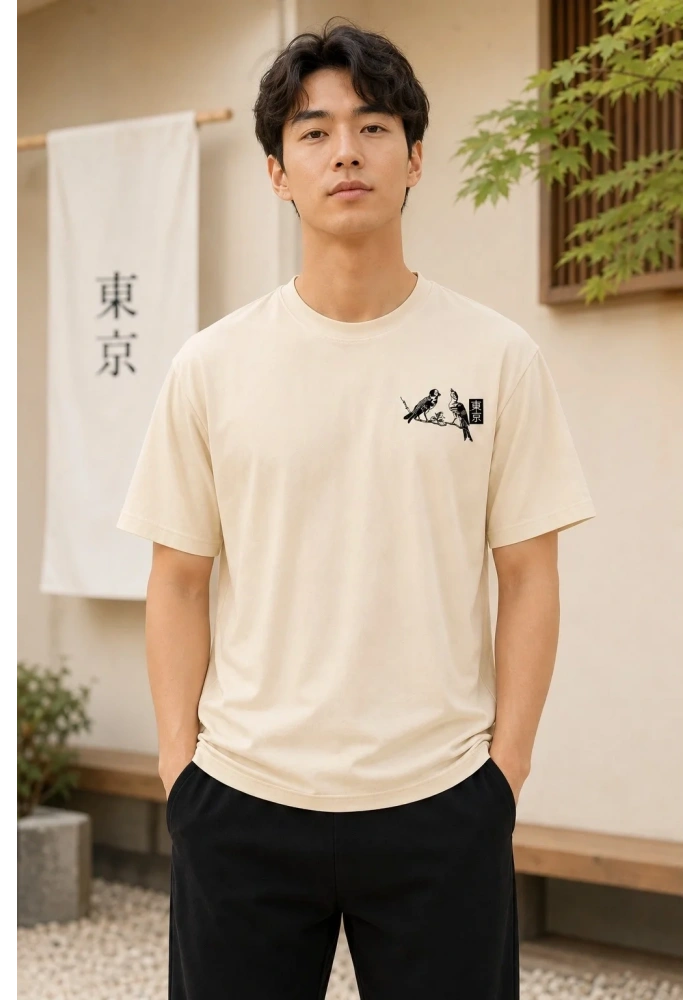 Erkek Ön ve Arka Tokyo Kuş Çiçek Baskılı Oversize T-Shirt - Ekru