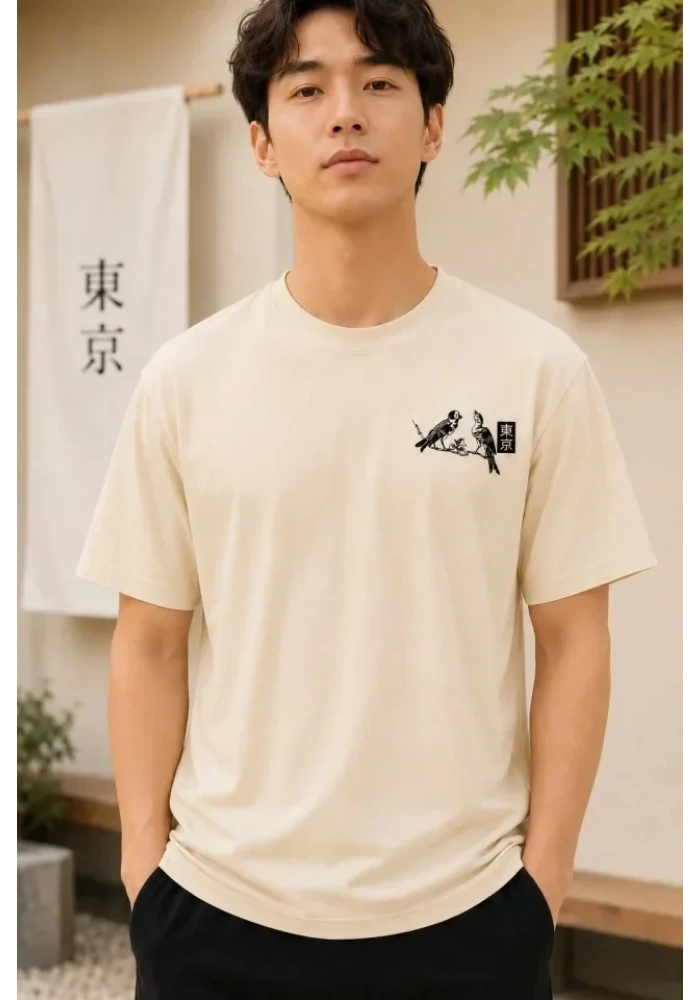 Erkek Ön Ve Arka Tokyo Kuş Çiçek Baskılı Oversize T-Shirt - Ekru