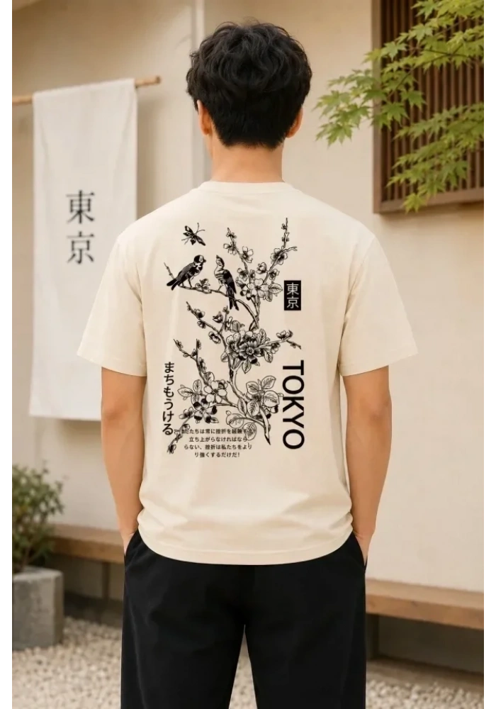 Erkek Ön Ve Arka Tokyo Kuş Çiçek Baskılı Oversize T-Shirt - Ekru