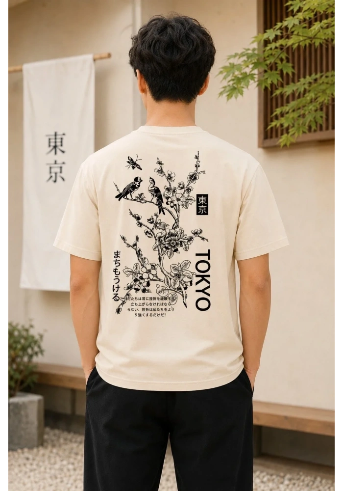 Erkek Ön ve Arka Tokyo Kuş Çiçek Baskılı Oversize T-Shirt - Ekru