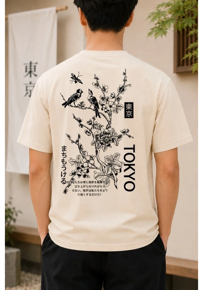 Erkek Ön ve Arka Tokyo Kuş Çiçek Baskılı Oversize T-Shirt - Ekru