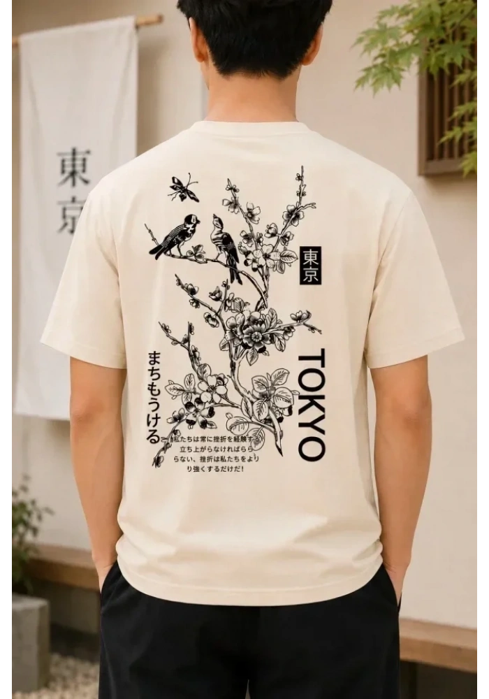Erkek Ön Ve Arka Tokyo Kuş Çiçek Baskılı Oversize T-Shirt - Ekru