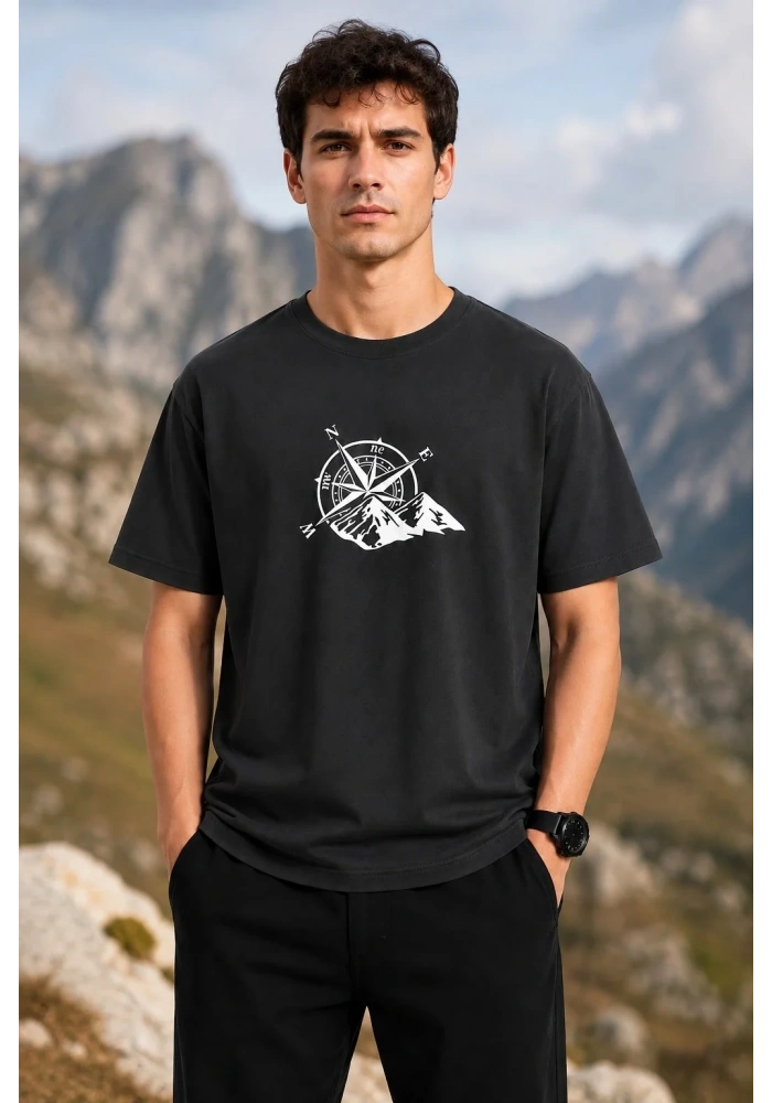 Erkek Outdoor Pusula Dağ Baskılı Kısa Kollu Oversize T-Shirt - Siyah
