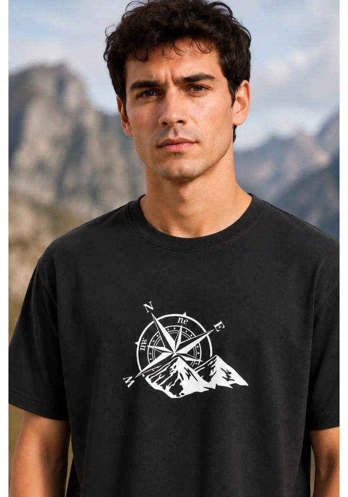 Erkek Outdoor Pusula Dağ Baskılı Kısa Kollu Oversize T-Shirt - Siyah