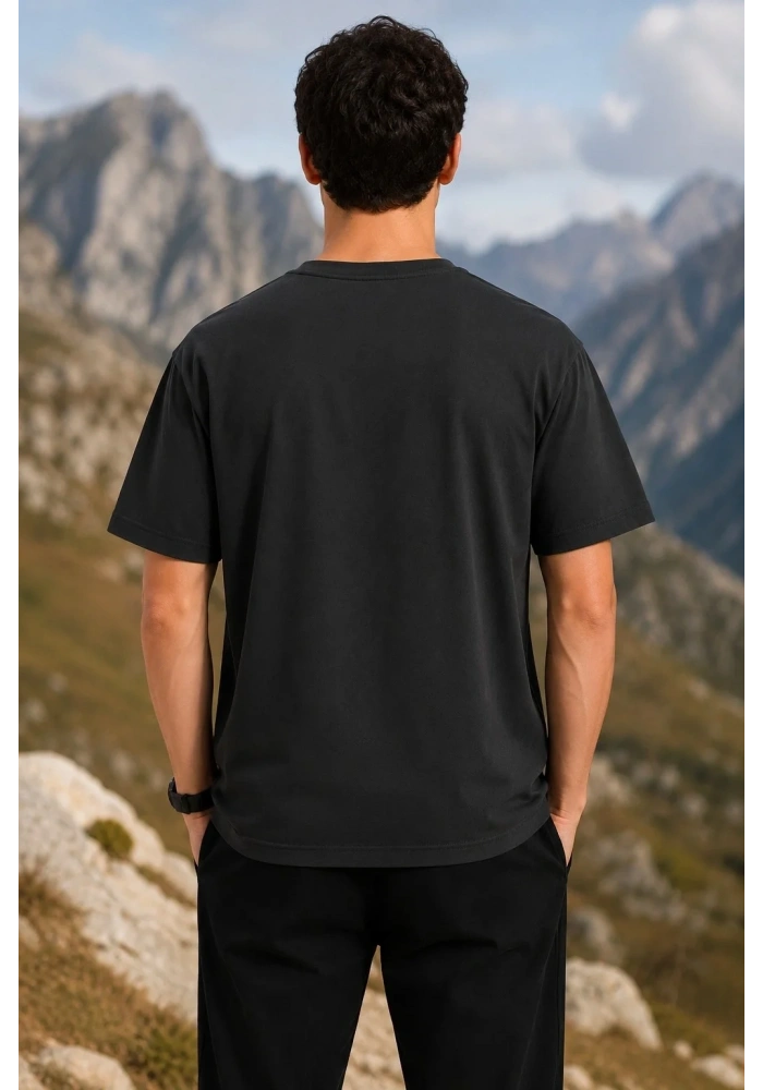 Erkek Outdoor Pusula Dağ Baskılı Kısa Kollu Oversize T-Shirt - Siyah