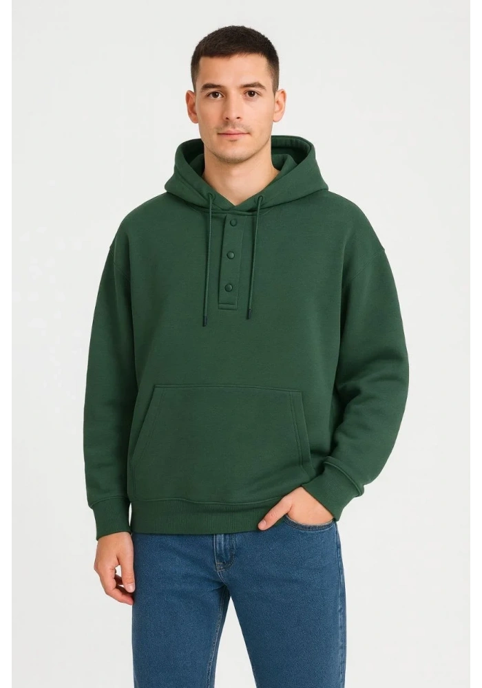 Erkek Kapüşonlu Hoodie Cepli Çıtçıtlı 3 İplik Pamuklu Sweatshirt - Haki