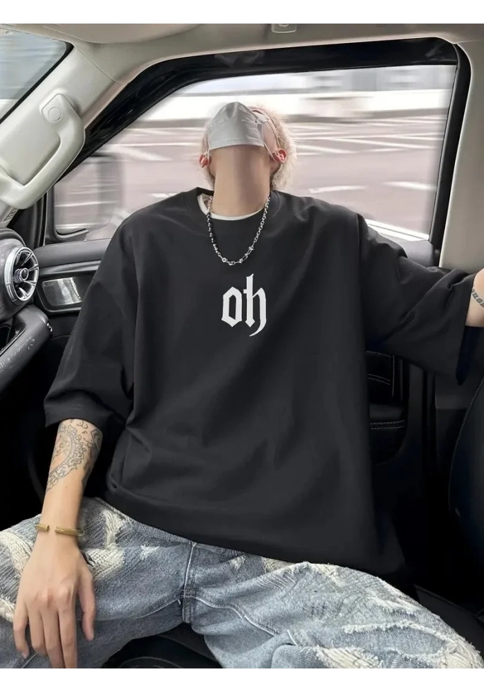 Erkek Kısa Kol Yazlık Tişört Bisiklet Yaka Baskılı Oversize T-Shirt - Siyah