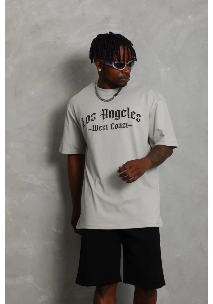 Erkek Baskılı Tişört Kısa Kol Bisiklet Yaka Oversize T-Shirt - Gri