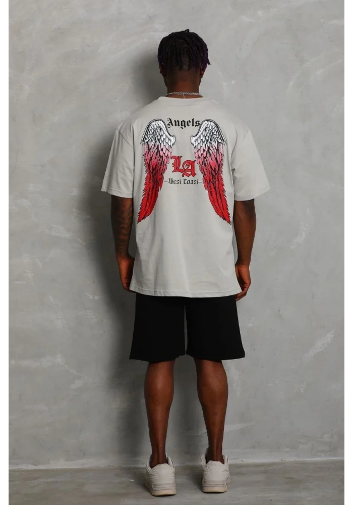 Erkek Baskılı Tişört Kısa Kol Bisiklet Yaka Oversize T-Shirt - Gri