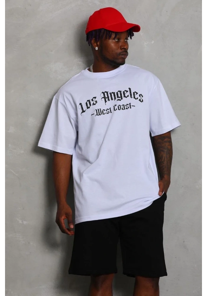 Erkek Kısa Kol Tişört Bisiklet Yaka KANAT Baskılı Oversize T-Shirt - Beyaz