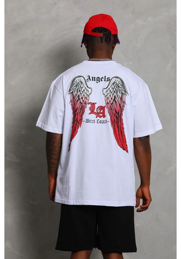 Erkek Kısa Kol Tişört Bisiklet Yaka KANAT Baskılı Oversize T-Shirt - Beyaz