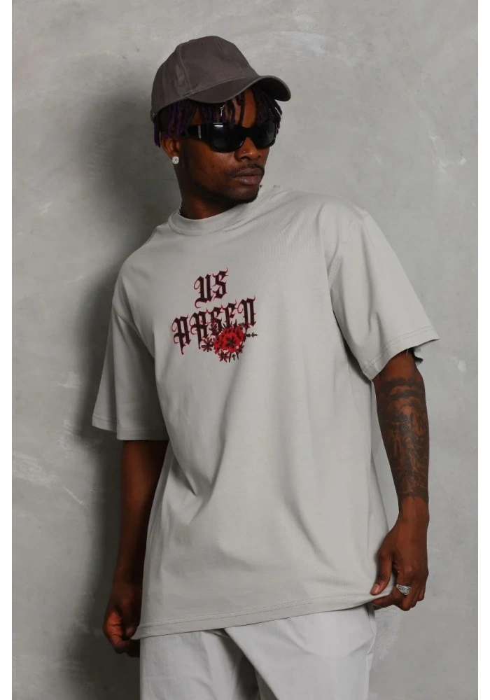 Erkek Kısa Kol Yazlık Tişört Bisiklet Yaka Baskılı Oversize T-Shirt - Gri