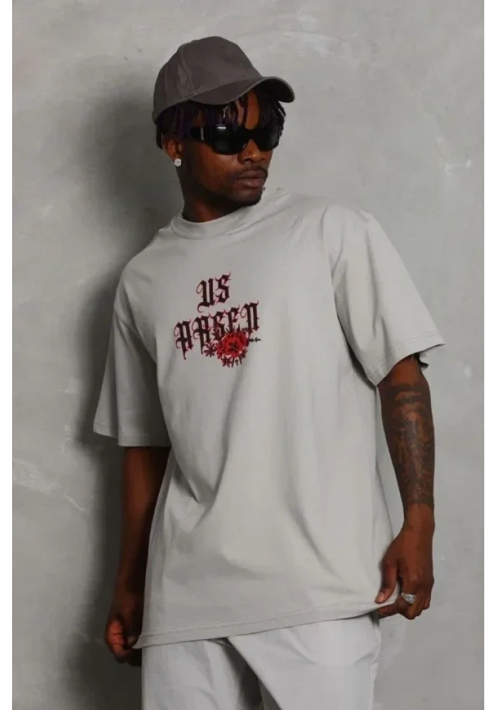 ERKEK Oversize Baskılı Bisiklet Yaka T-Shirt - Gri