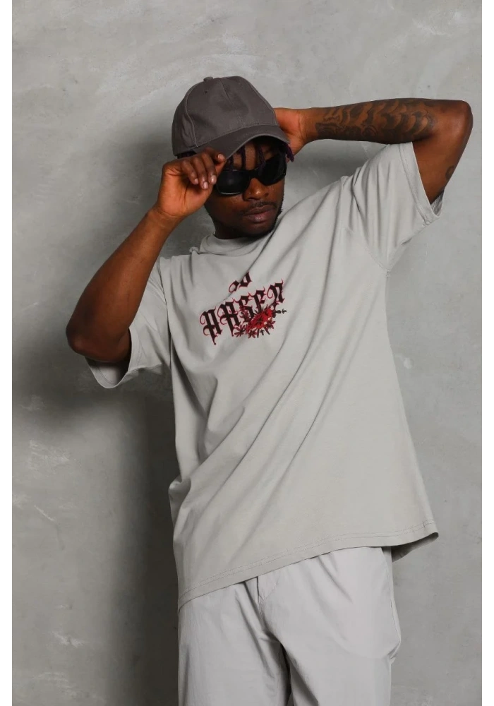 Erkek Kısa Kol Yazlık Tişört Bisiklet Yaka Baskılı Oversize T-Shirt - Gri