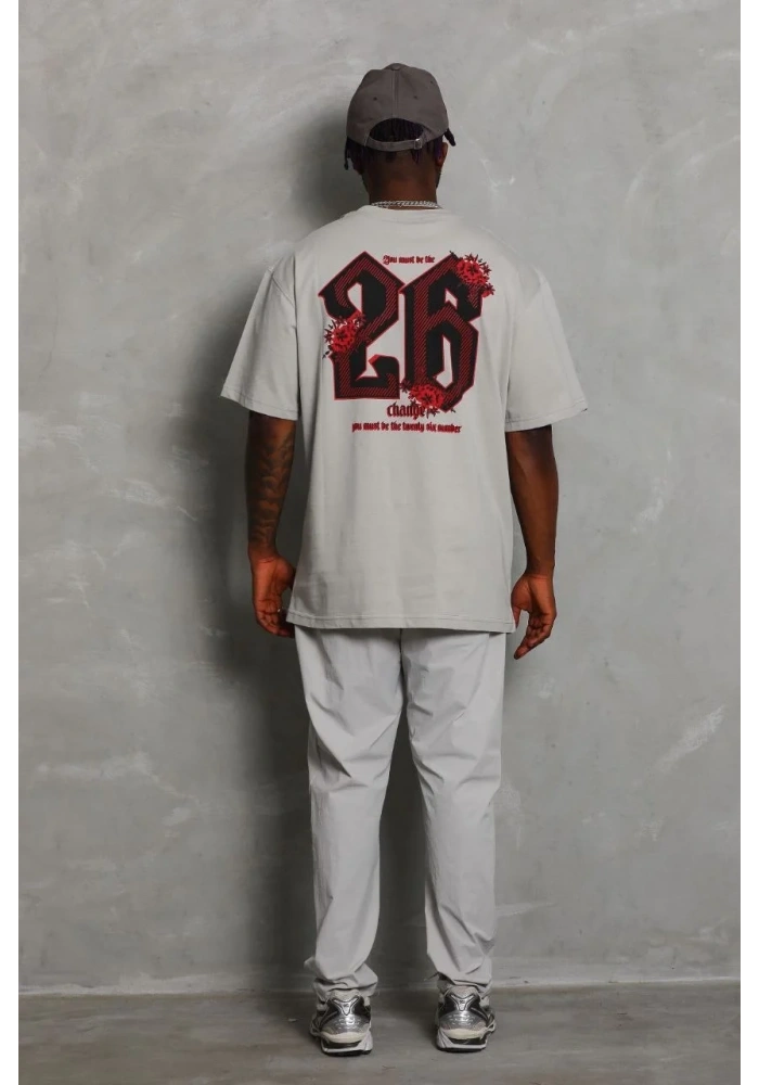 Erkek Kısa Kol Yazlık Tişört Bisiklet Yaka Baskılı Oversize T-Shirt - Gri