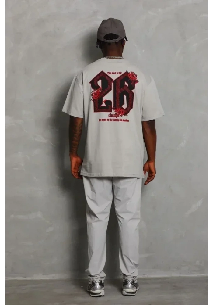 ERKEK Oversize Baskılı Bisiklet Yaka T-Shirt - Gri