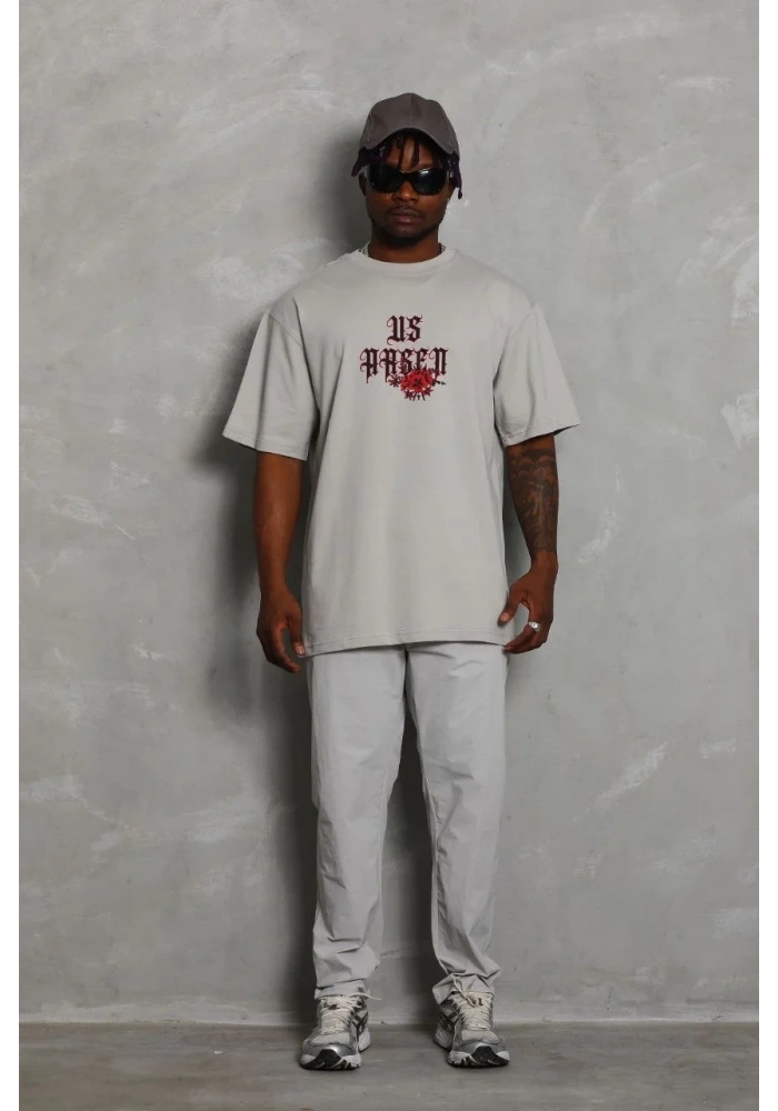 Erkek Kısa Kol Yazlık Tişört Bisiklet Yaka Baskılı Oversize T-Shirt - Gri