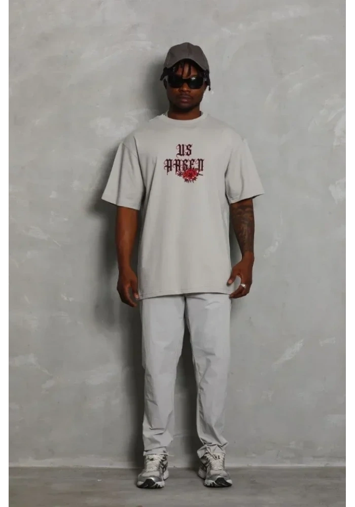 ERKEK Oversize Baskılı Bisiklet Yaka T-Shirt - Gri