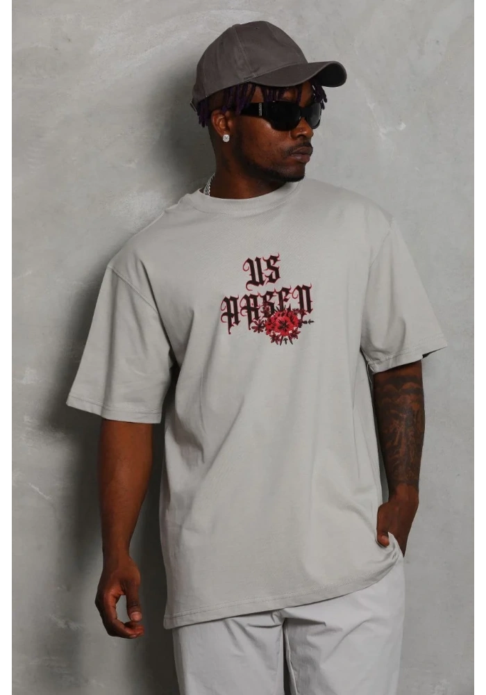 Erkek Kısa Kol Yazlık Tişört Bisiklet Yaka Baskılı Oversize T-Shirt - Gri