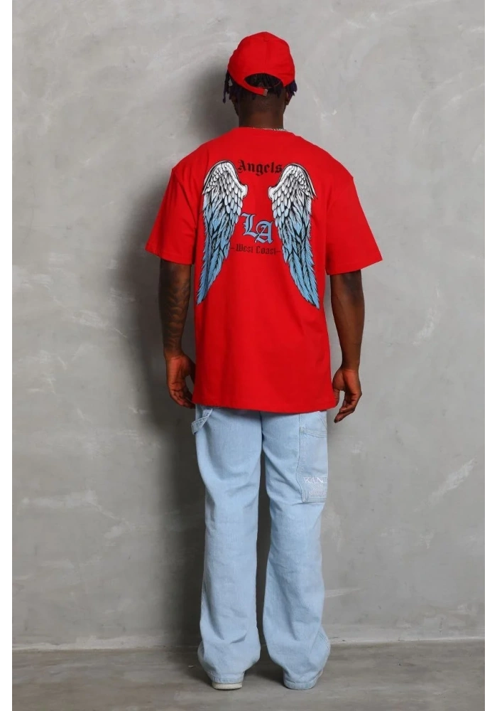 Erkek Baskılı Tişört Kısa Kol Bisiklet Yaka Oversize T-Shirt - Kırmızı