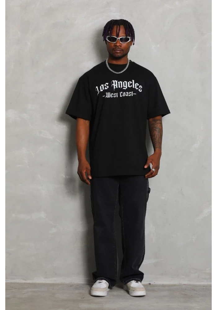 Erkek Baskılı Tişört Kısa Kol Bisiklet Yaka Oversize T-Shirt - Siyah