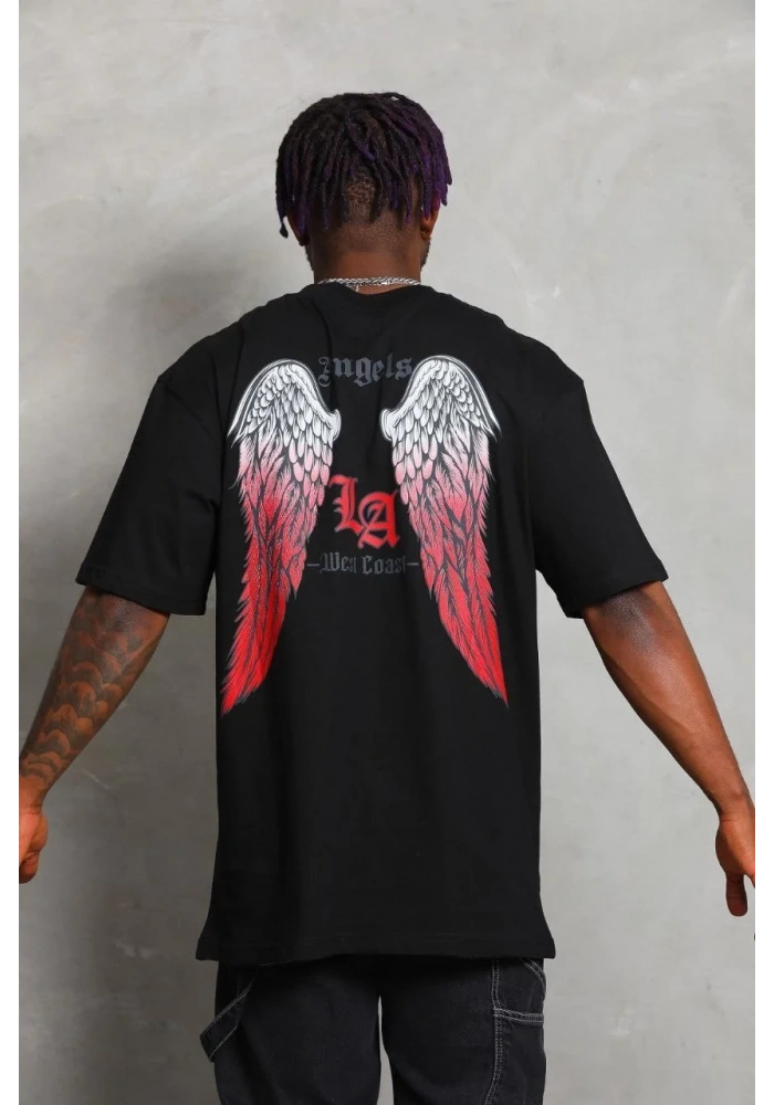 Erkek Baskılı Tişört Kısa Kol Bisiklet Yaka Oversize T-Shirt - Siyah