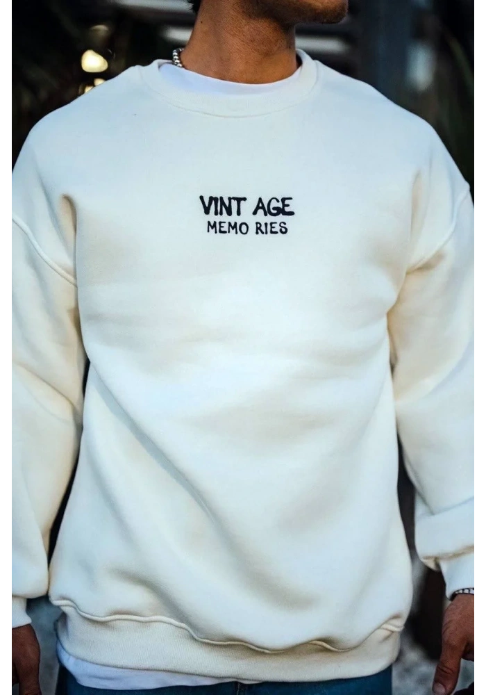 Erkek Bisiklet Yaka 3 İplik pamuklu Baskılı SweatShirt - Beyaz