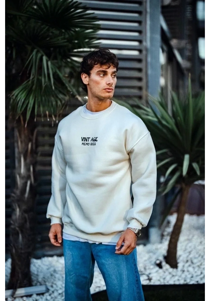 Erkek Bisiklet Yaka 3 İplik pamuklu Baskılı SweatShirt - Beyaz