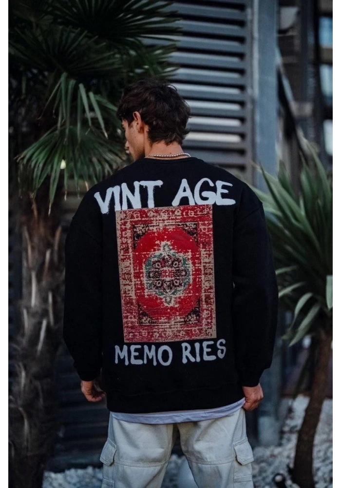 Erkek Bisiklet Yaka 3 İplik Pamuklu Baskılı SweatShirt - Siyah