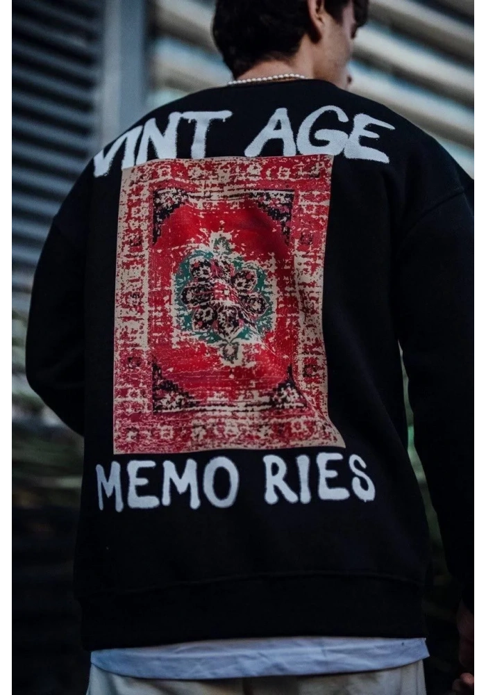 Erkek Bisiklet Yaka 3 İplik Pamuklu Baskılı SweatShirt - Siyah