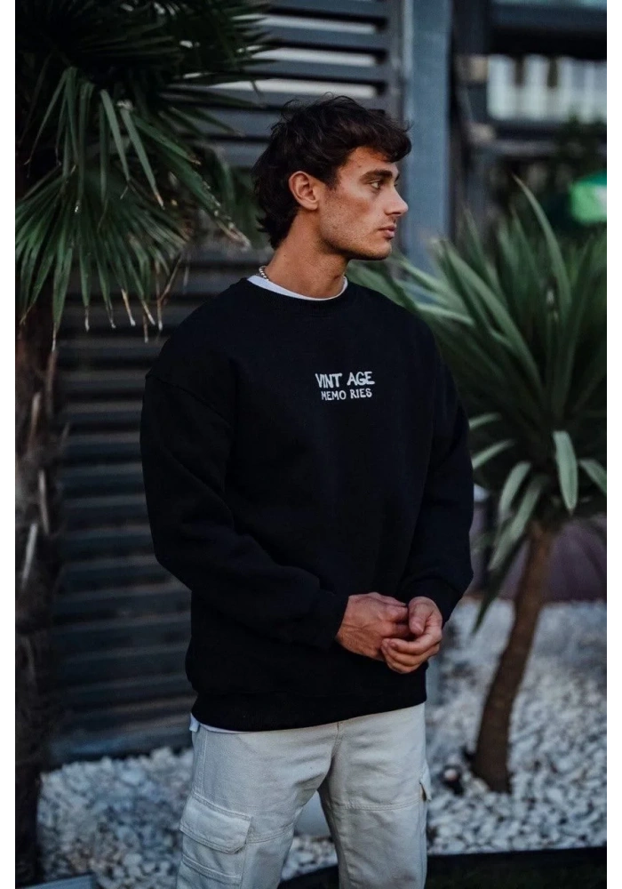 Erkek Bisiklet Yaka 3 İplik Pamuklu Baskılı SweatShirt - Siyah