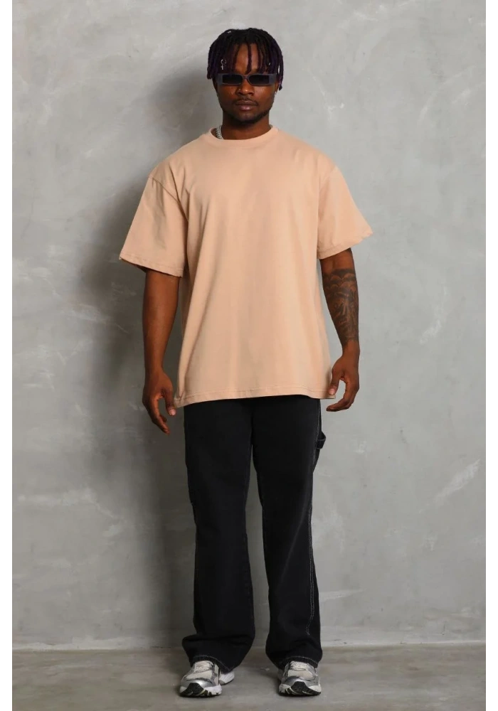 Erkek Düz Yazlık Kısa Kol Tişört Bisiklet Yaka Oversize T-Shirt - Bej
