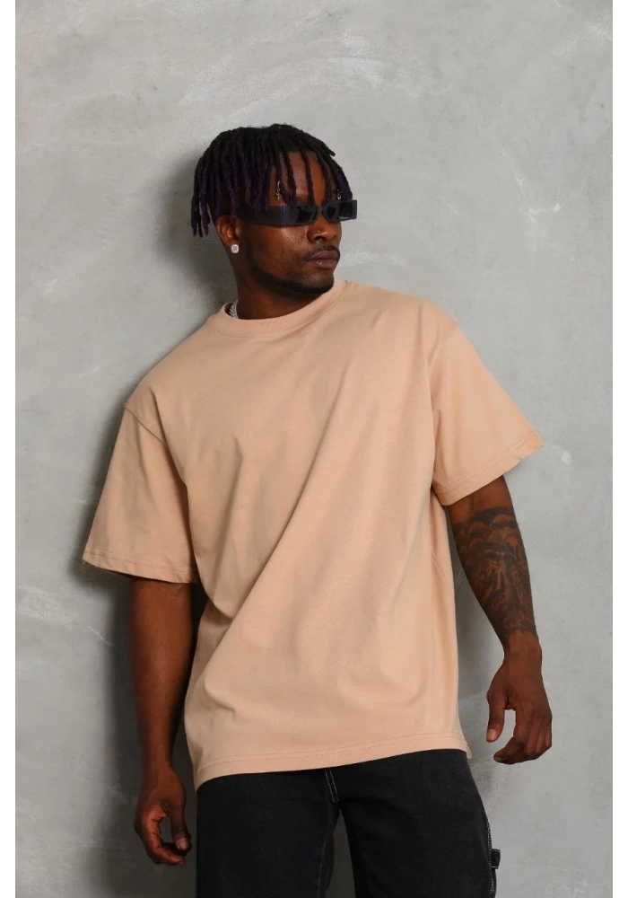 Erkek Düz Yazlık Kısa Kol Tişört Bisiklet Yaka Oversize T-Shirt - Bej