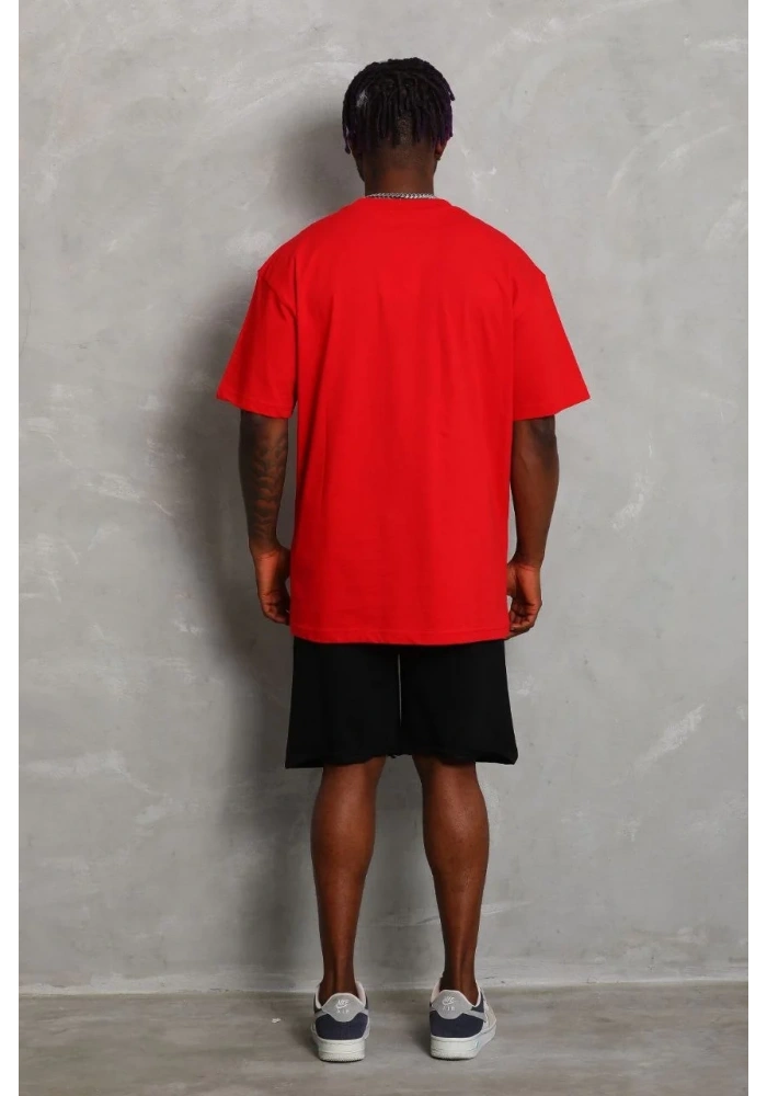 Erkek Düz Yazlık Kısa Kol Tişört Bisiklet Yaka Oversize T-Shirt - Kırmızı