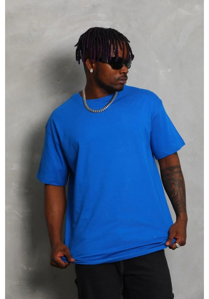 Erkek Düz Yazlık Kısa Kol Tişört Bisiklet Yaka Oversize T-Shirt - Mavi