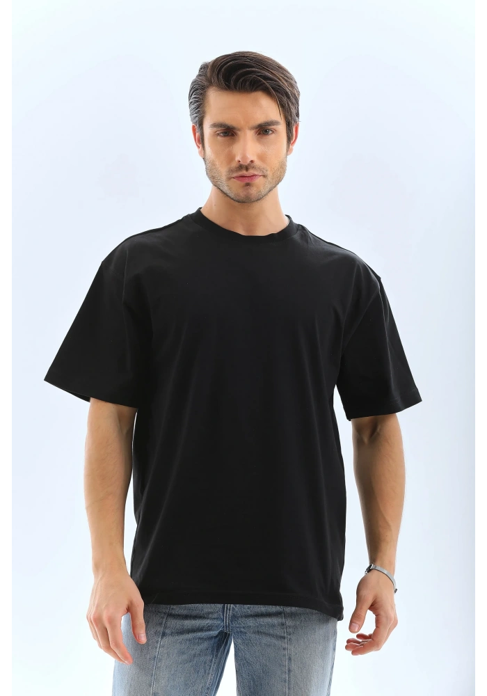 Erkek Düz Yazlık Kısa Kol Tişört Bisiklet Yaka Oversize T-Shirt - Siyah