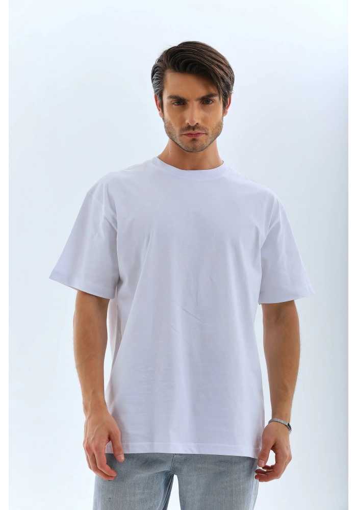 Erkek Düz Yazlık Kısa Kol Tişört Bisiklet Yaka Oversize T-Shirt - Beyaz