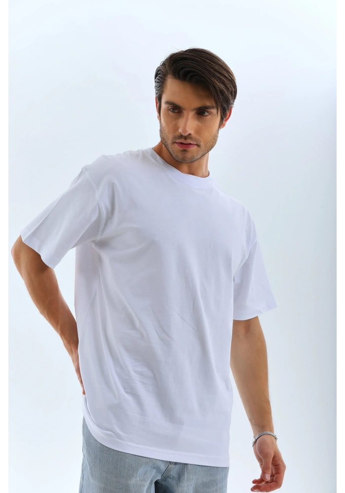 Erkek Düz Yazlık Kısa Kol Tişört Bisiklet Yaka Oversize T-Shirt - Beyaz