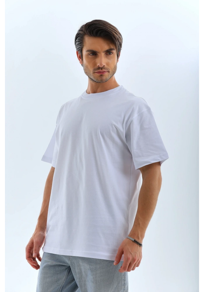 Erkek Düz Yazlık Kısa Kol Tişört Bisiklet Yaka Oversize T-Shirt - Beyaz