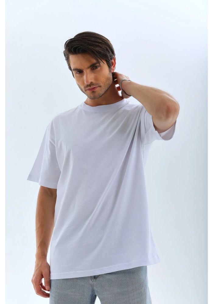 Erkek Düz Yazlık Kısa Kol Tişört Bisiklet Yaka Oversize T-Shirt - Beyaz