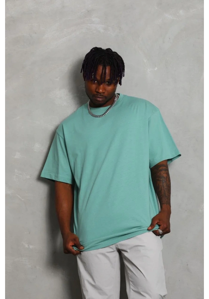 Erkek Düz Yazlık Kısa Kol Tişört Bisiklet Yaka Oversize T-Shirt - Mint Yeşili