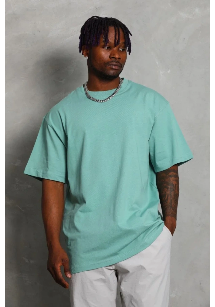 Erkek Düz Yazlık Kısa Kol Tişört Bisiklet Yaka Oversize T-Shirt - Mint Yeşili